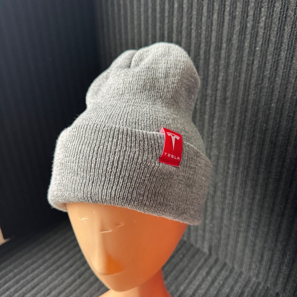 Tesla Grey Knit Cuffed Mens Beanie Hat with Red Logo Tag